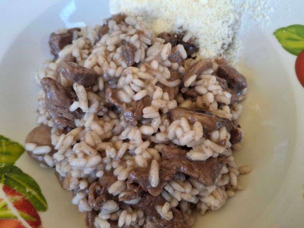 Hovězí rizoto s houbami a parmezánem, ideální jsou pro přípravu hříbky, ale můžeme použít i jiné oblíbené houby, například žampiony